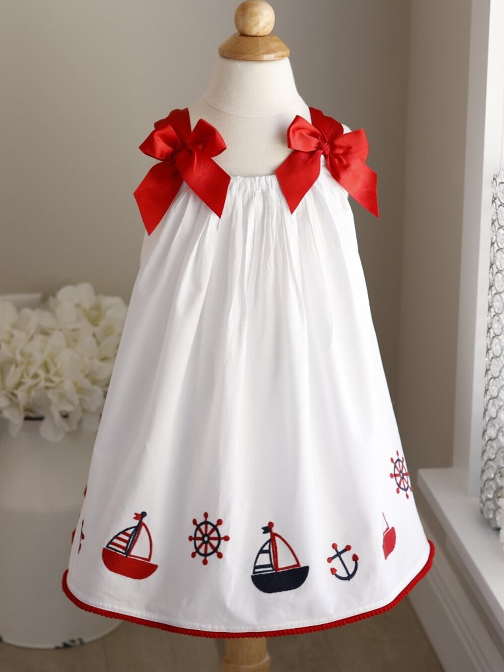 White Red & Blue 100% Cotton Sundress Nautical Sailboat Designer Resortwear